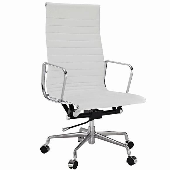 Premium EA119 High Back Office Chair – White Leather | Executive Ribbed Swivel Desk Chair with Chromed Aluminium Frame
