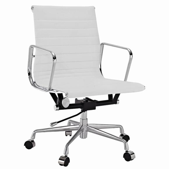 Premium EA117 Thin Pad Low Back Office Chair – White Leather | Ergonomic Executive Swivel Desk Chair with Chromed Aluminium Frame