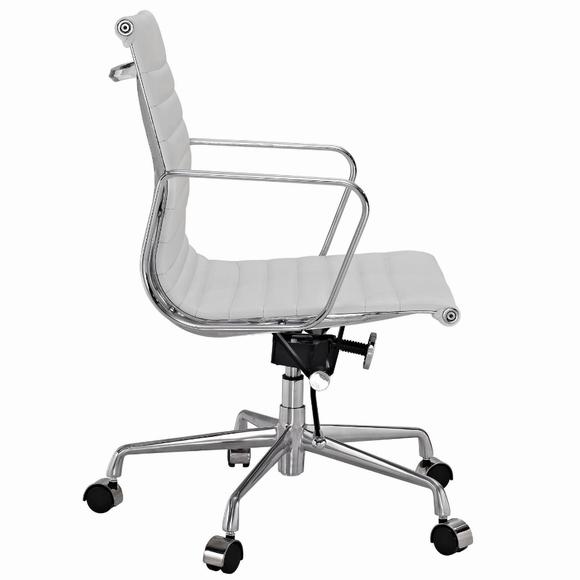 Premium EA117 Thin Pad Low Back Office Chair – White Leather | Ergonomic Executive Swivel Desk Chair with Chromed Aluminium Frame