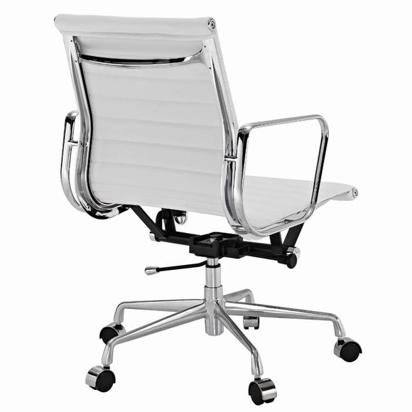 Premium EA117 Thin Pad Low Back Office Chair – White Leather | Ergonomic Executive Swivel Desk Chair with Chromed Aluminium Frame