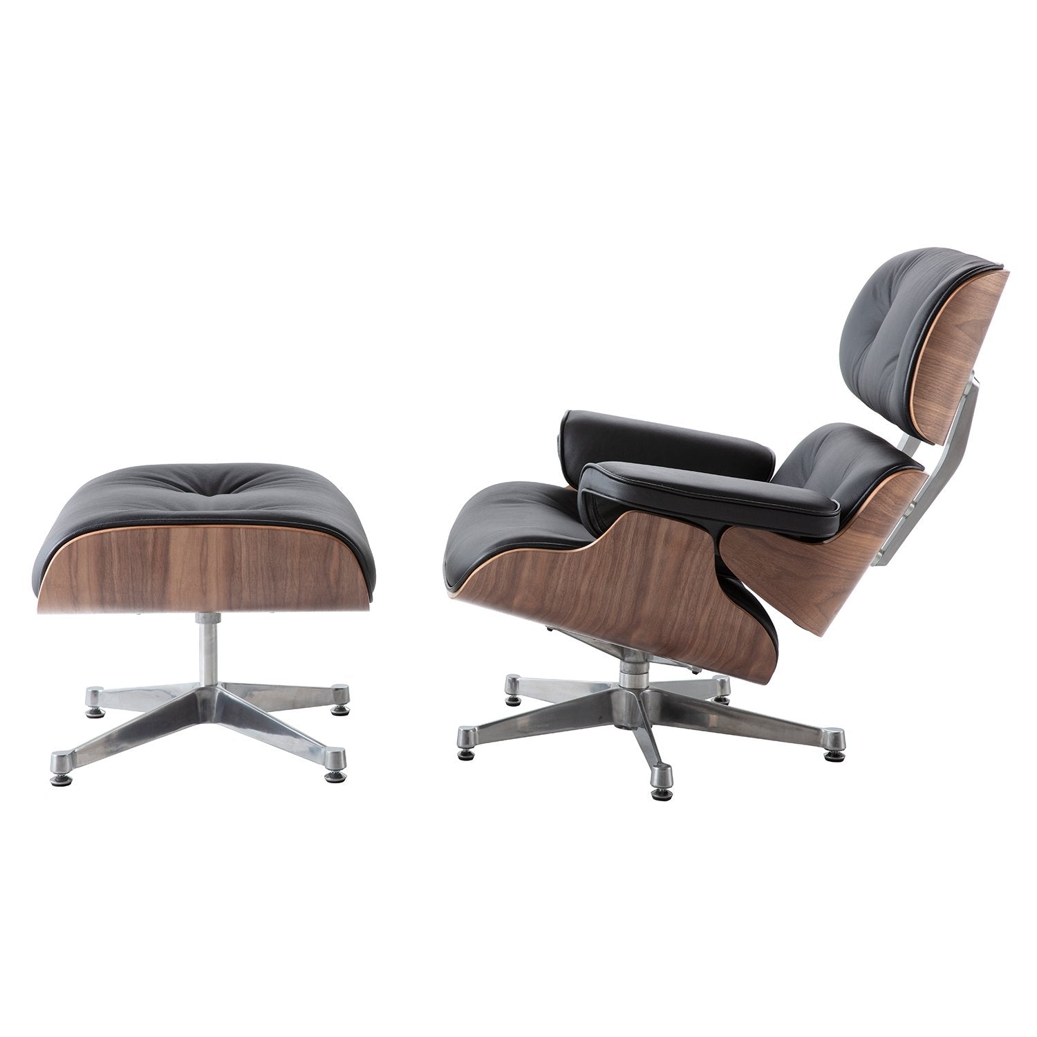 Charles Eames Lounge Chair and Ottoman Replica – Black Leather & Walnut Wood | Chrome Base Mid-Century Modern Lounge Set