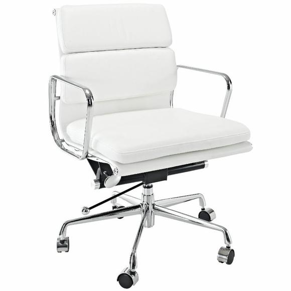 Premium EA217 Soft Pad Office Chair – White Leather | Low Back Executive Swivel Chair with Polished Aluminium Frame