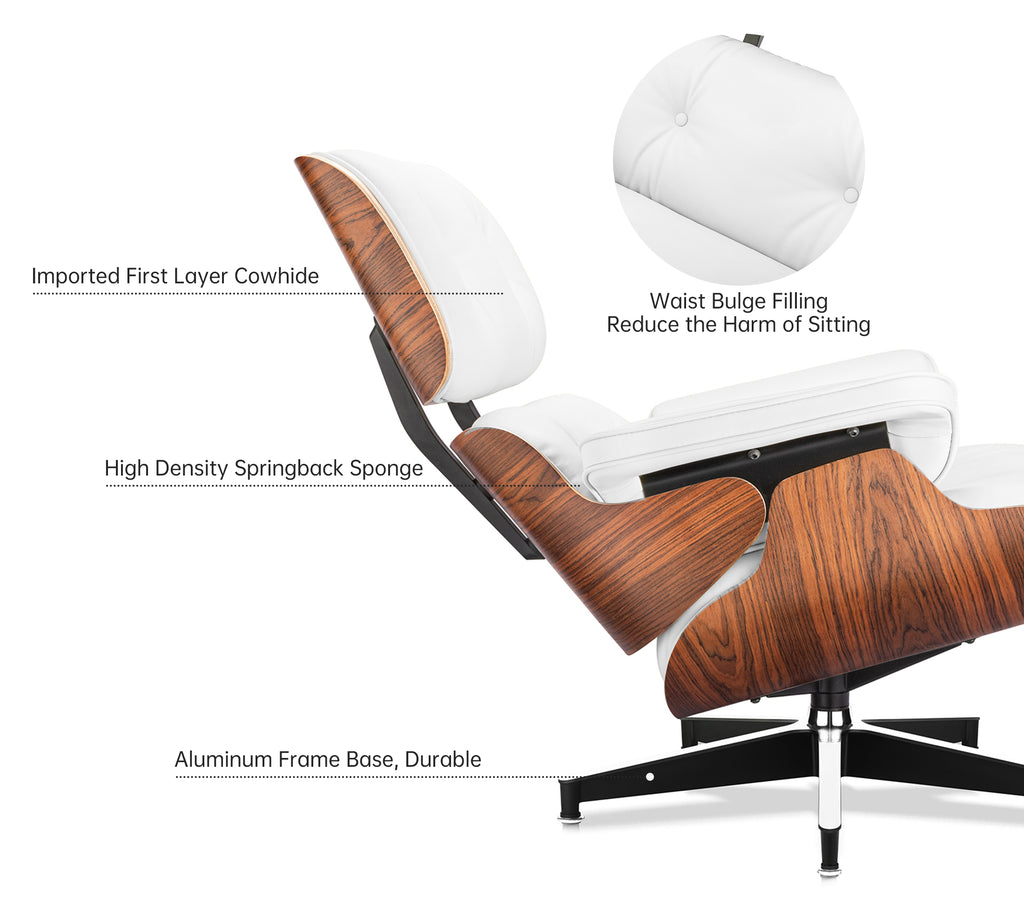 Classic Charles Eames Lounge Chair and Ottoman Replica – White Leather Rosewood