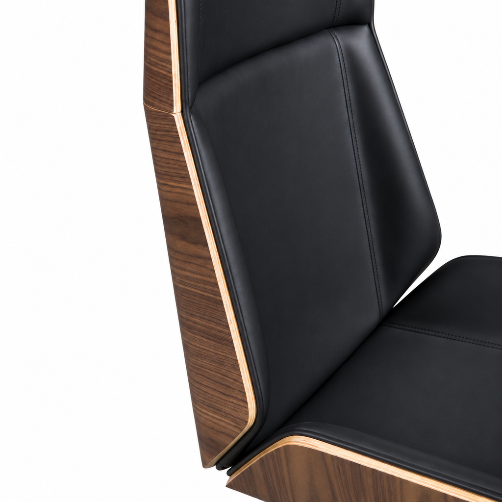 Premium D244 High Back Office Chair – Black PU Leather & Walnut Plywood Frame | Ergonomic Mid-Century Swivel Executive Chair