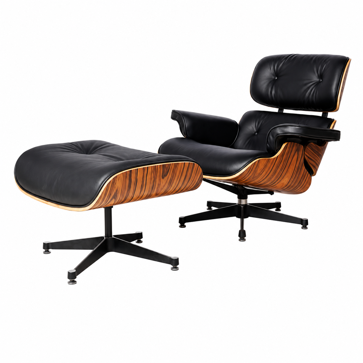 Tall Version Charles Eames Lounge Chair & Ottoman Replica – Black Italian Leather | Rose Wood Veneer | Elephant Base