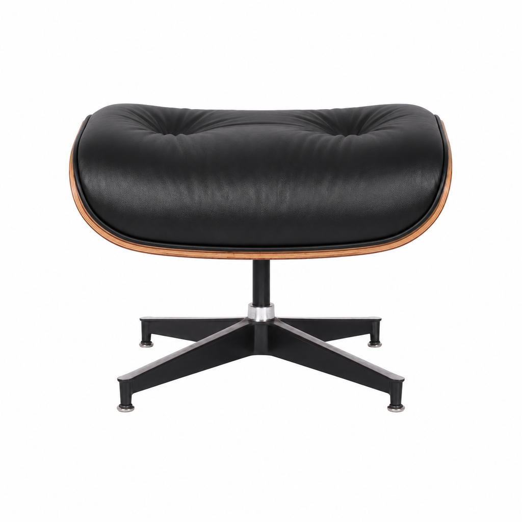 Classic Charles Eames Lounge Ottoman Replica – Black Italian Leather | Rose Wood Veneer | Aluminium Base