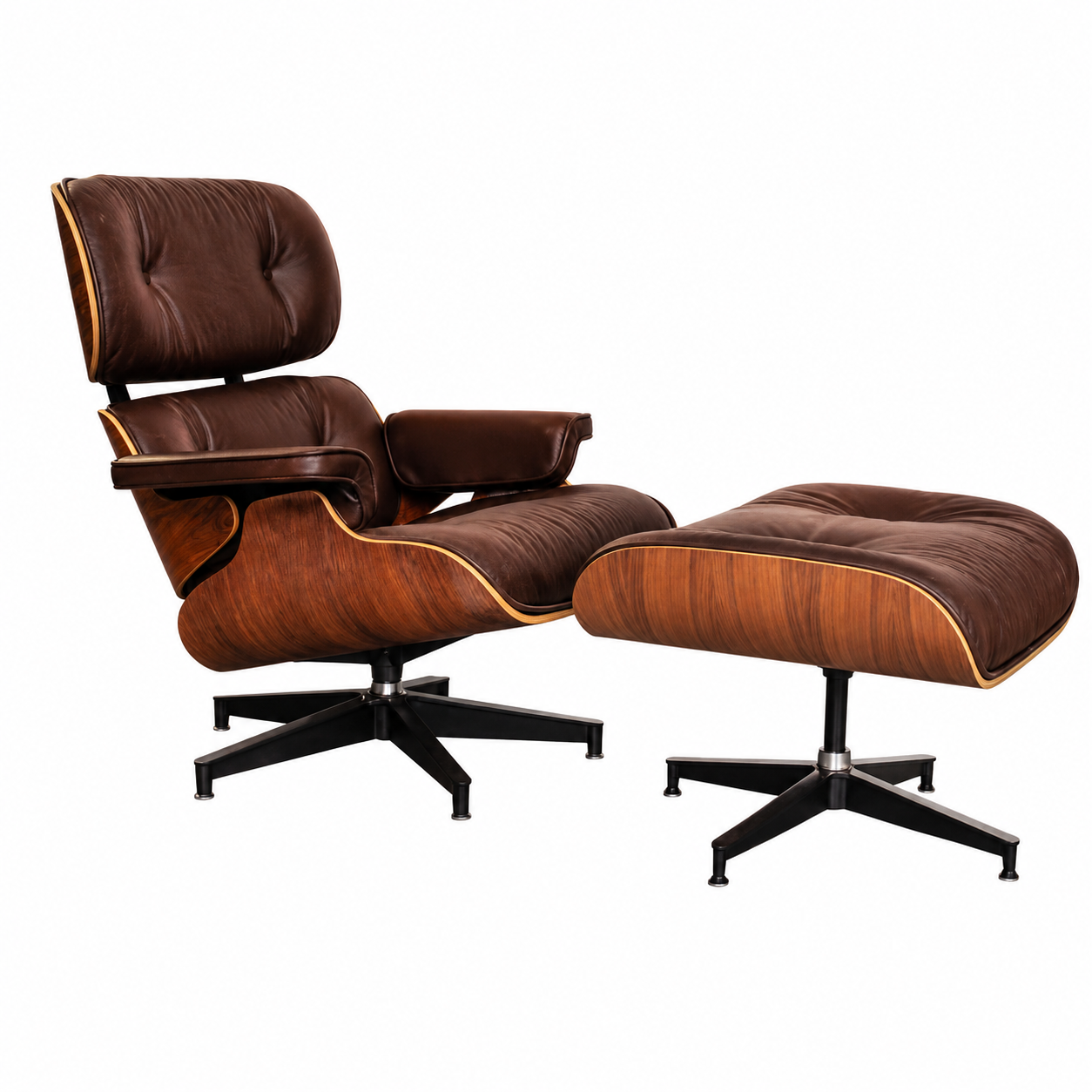 Classic Charles Eames Lounge Chair & Ottoman Replica – Chocolate Brown Italian Leather | Walnut Veneer | Aluminium Base