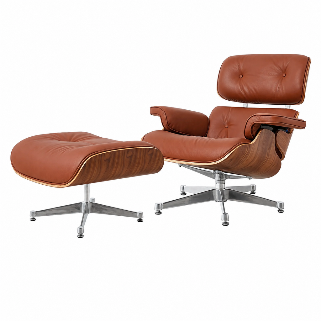 Charles Eames Lounge Chair & Ottoman Replica – Tan Brown Italian Leather | Walnut Wood | Chrome Base