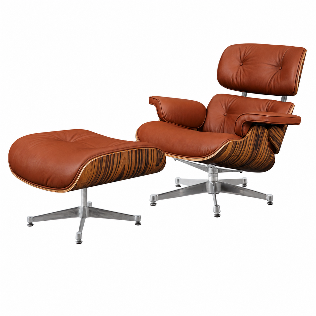 Charles Eames Lounge Chair & Ottoman Replica – Tan Brown Italian Leather | Rosewood Veneer | Chrome Base