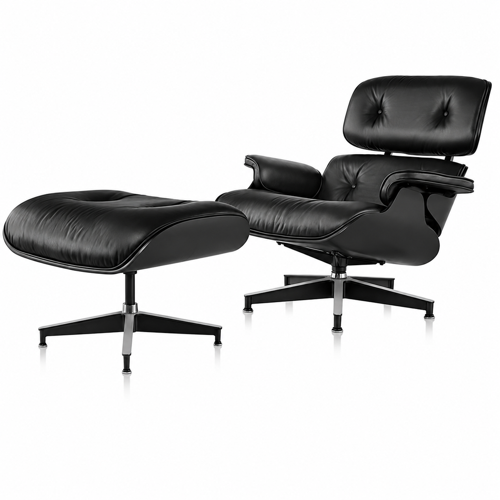 Classic Charles Eames Lounge Chair & Ottoman Replica – Black Italian Leather | Ebony Ash Wood | Black Base