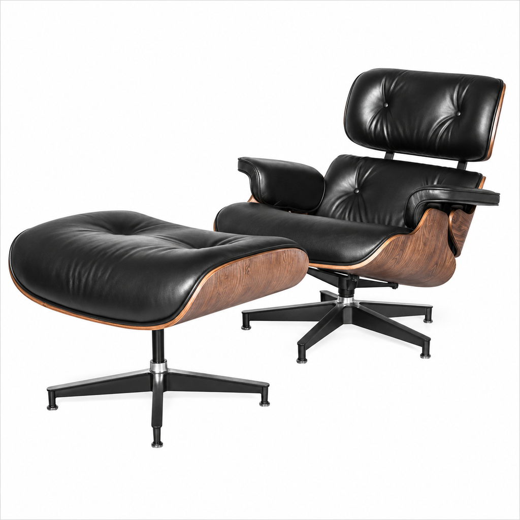 Classic Eames Style Lounge Chair & Ottoman Replica – Black Leather Walnut Wood