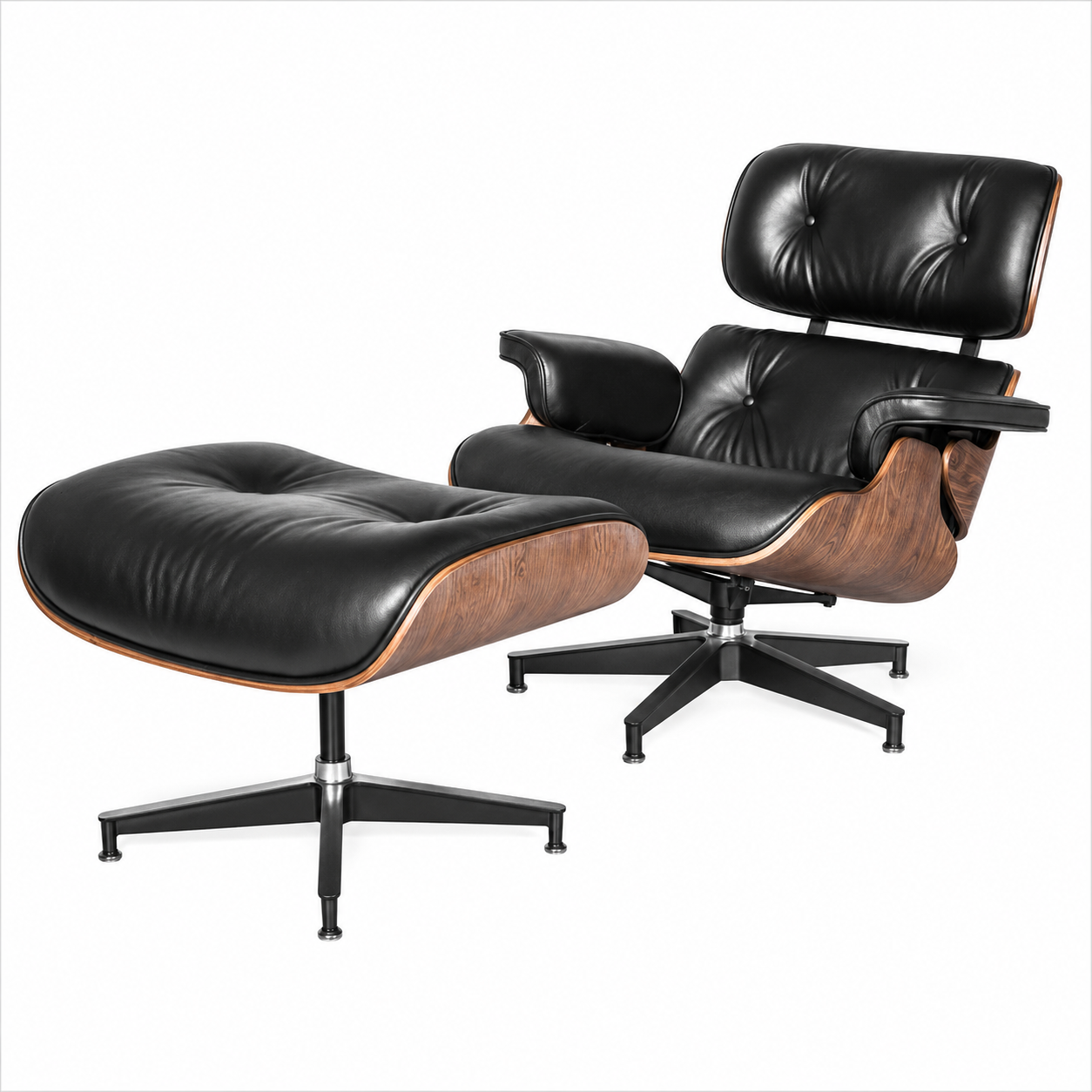 Classic Eames Style Lounge Chair & Ottoman Replica – Black Leather Walnut Wood