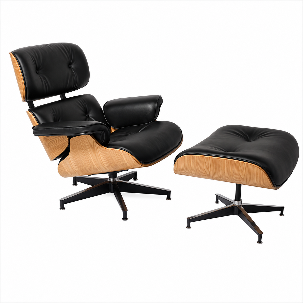 Classic Eames Style Lounge Chair & Ottoman Replica – Black Leather Ash Wood