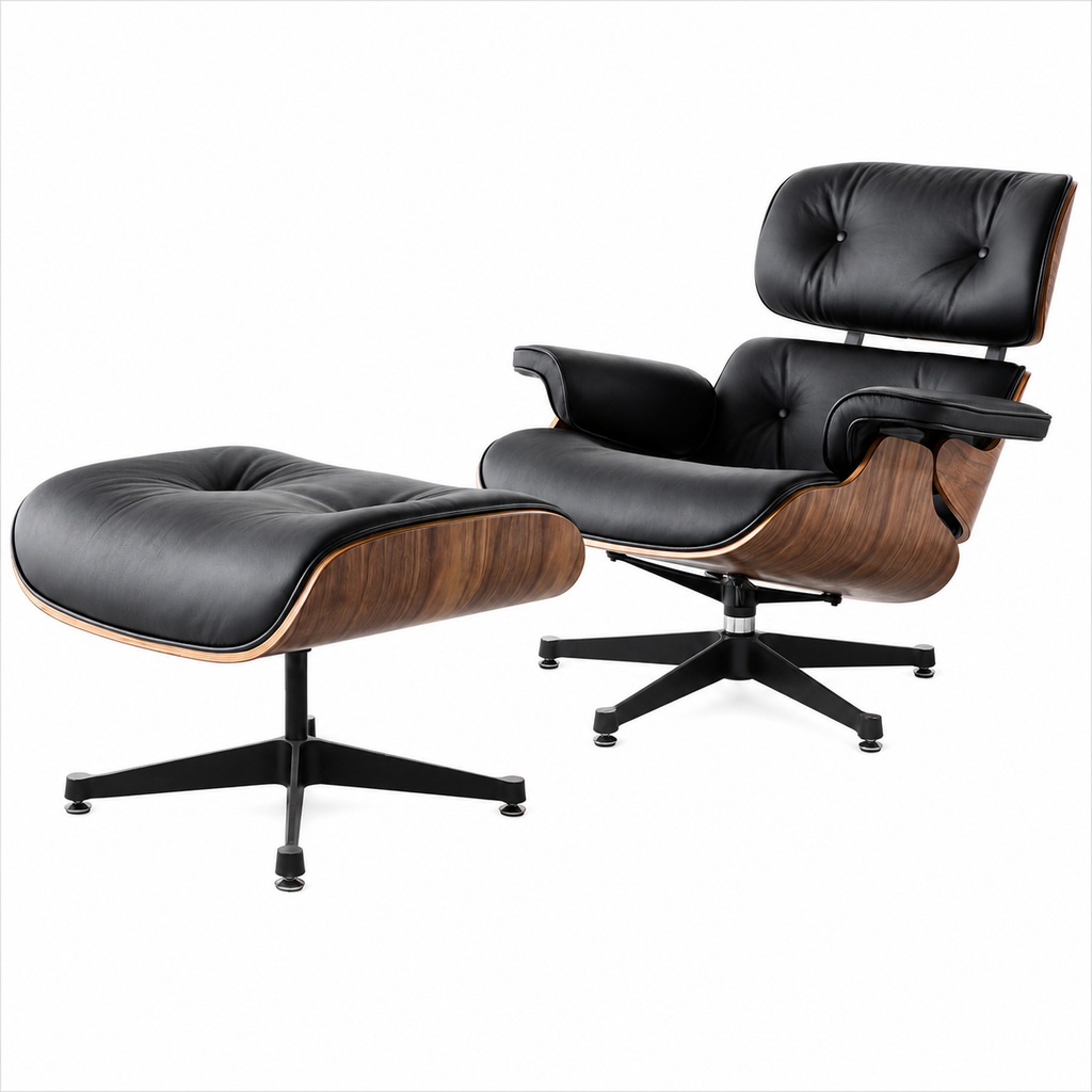 Classic Eames Style Lounge Chair & Ottoman Replica – Black Leather Walnut Wood | Black Aluminium Base