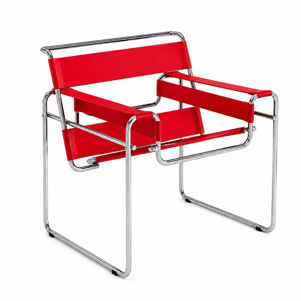 Premium Vassily Style Lounge Chair – Cherry Red Saddle Leather & Stainless Steel Frame