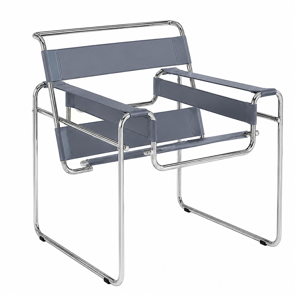 Premium Vassily Style Lounge Chair – Grey Saddle Leather & Stainless Steel Frame