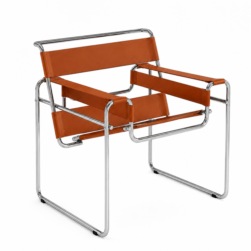 Premium Vassily Style Lounge Chair – Cognac Brown Saddle Leather & Stainless Steel Frame