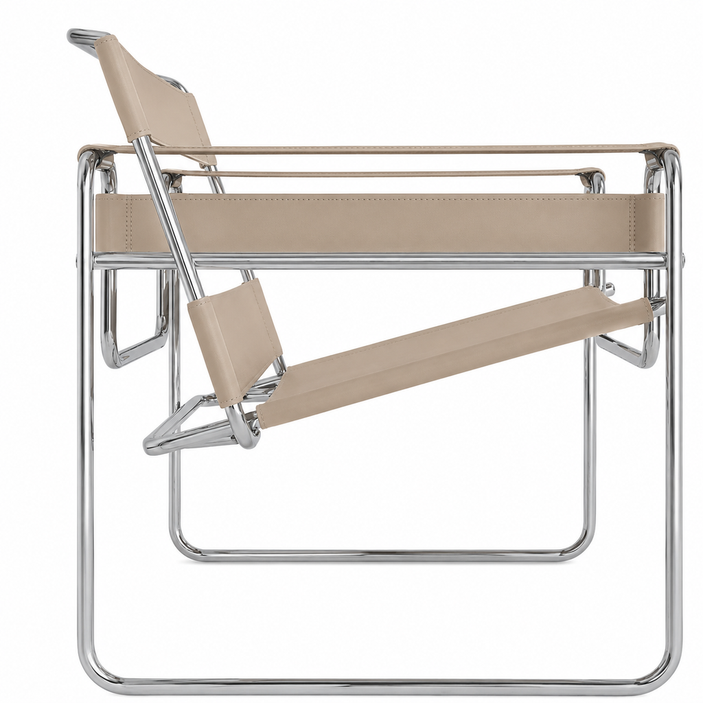 Premium Vassily Style Lounge Chair – Khaki Saddle Leather & Stainless Steel Frame