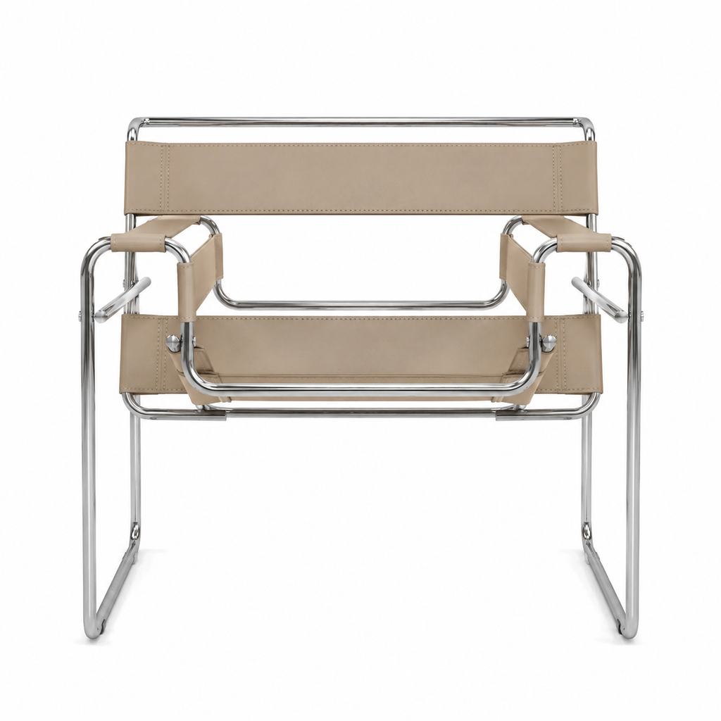 Premium Vassily Style Lounge Chair – Khaki Saddle Leather & Stainless Steel Frame