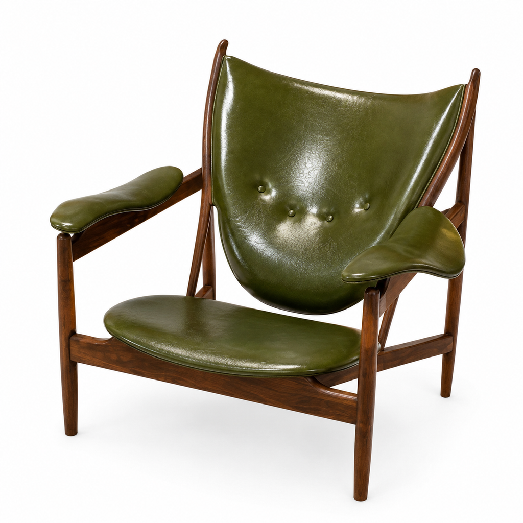 Premium Nordic Solid Wood Lounge Chair – Ash Wood & Dark Green Microfiber Leather | Modern Chieftain Armchair