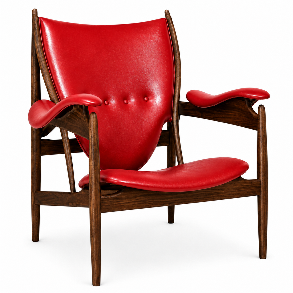 Premium Nordic Solid Wood Lounge Chair – Ash Wood & Anchor Red Microfiber Leather | Modern Chieftain Armchair
