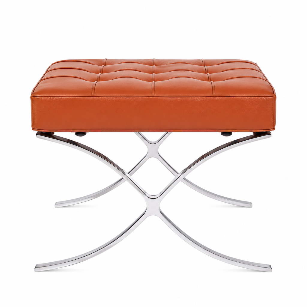 Premium Barcelona Ottoman Tan Brown – Mies Van Der Rohe Replica | Leather Footstool with Stainless Steel Frame
