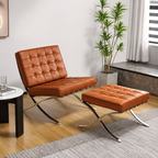 Premium Barcelona Chair and Ottoman Tan Brown Set – Mies Van Der Rohe Replica | Tan Brown Leather Lounge Chair