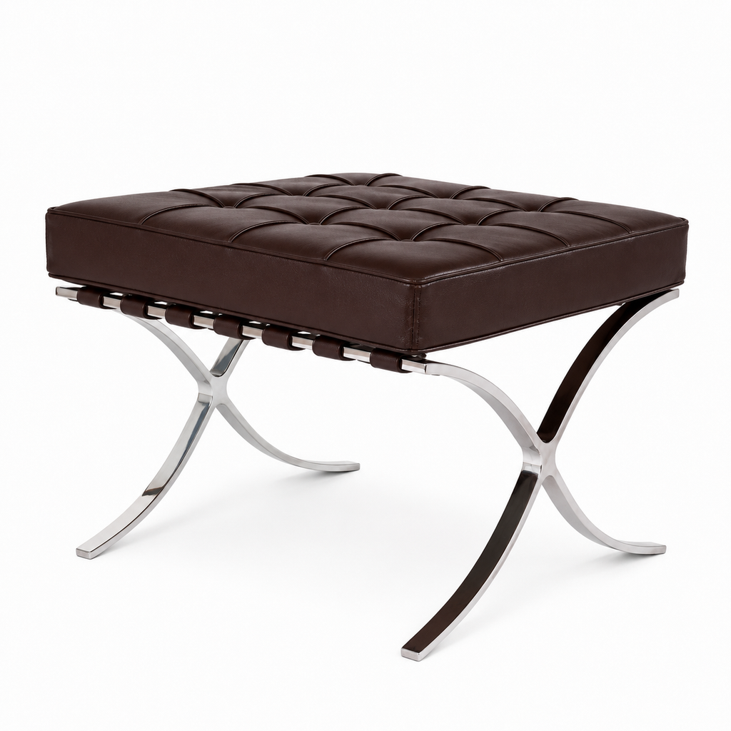 Premium Barcelona Ottoman Chocolate Brown – Mies Van Der Rohe Replica | Leather Footstool with Stainless Steel Frame
