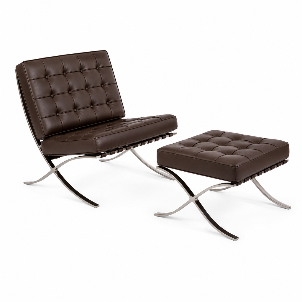 Premium Barcelona Ottoman Chocolate Brown – Mies Van Der Rohe Replica | Leather Footstool with Stainless Steel Frame