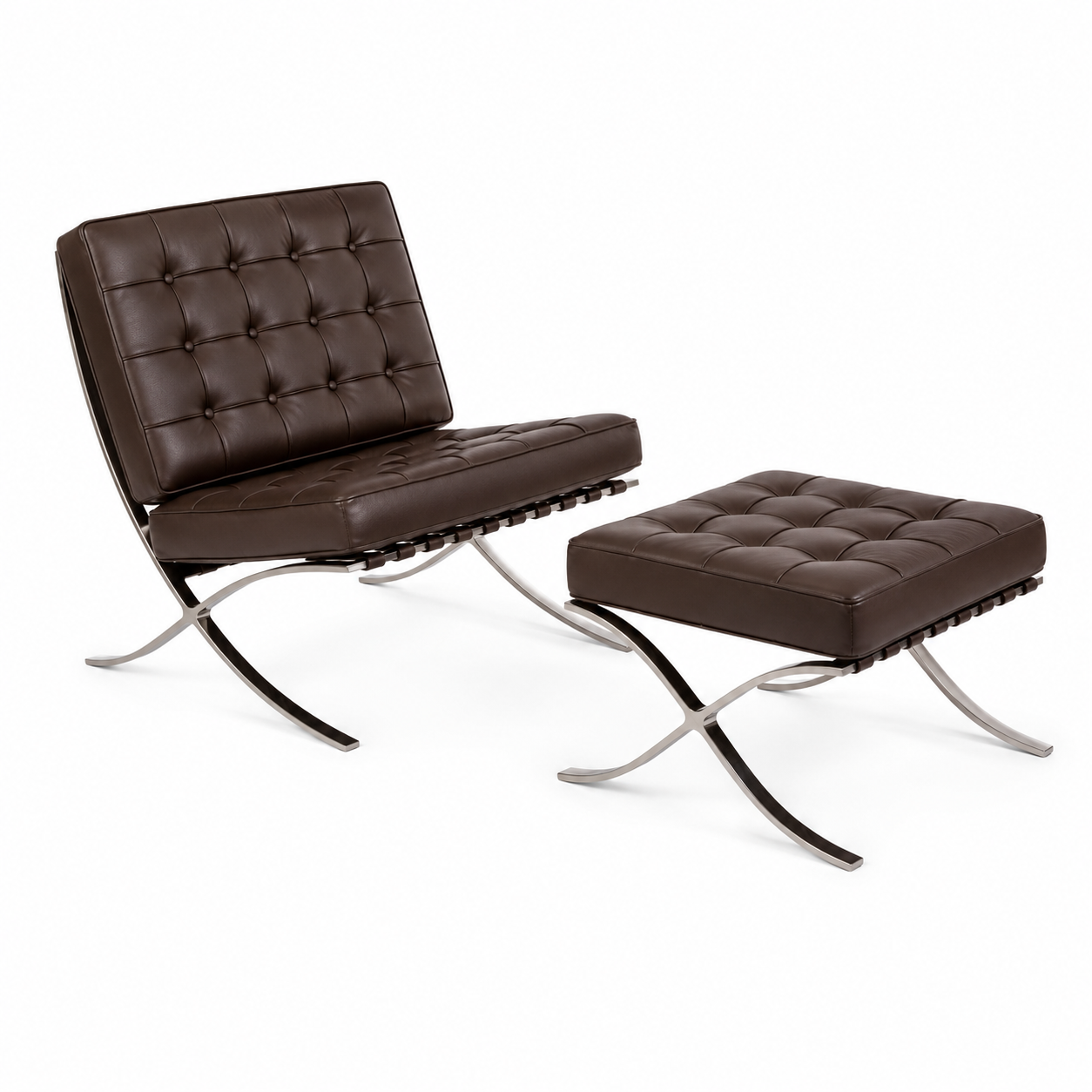 Premium Barcelona Chair and Ottoman Chocolate Brown Set – Mies Van Der Rohe Replica | Mid-Century Modern Lounge Chair