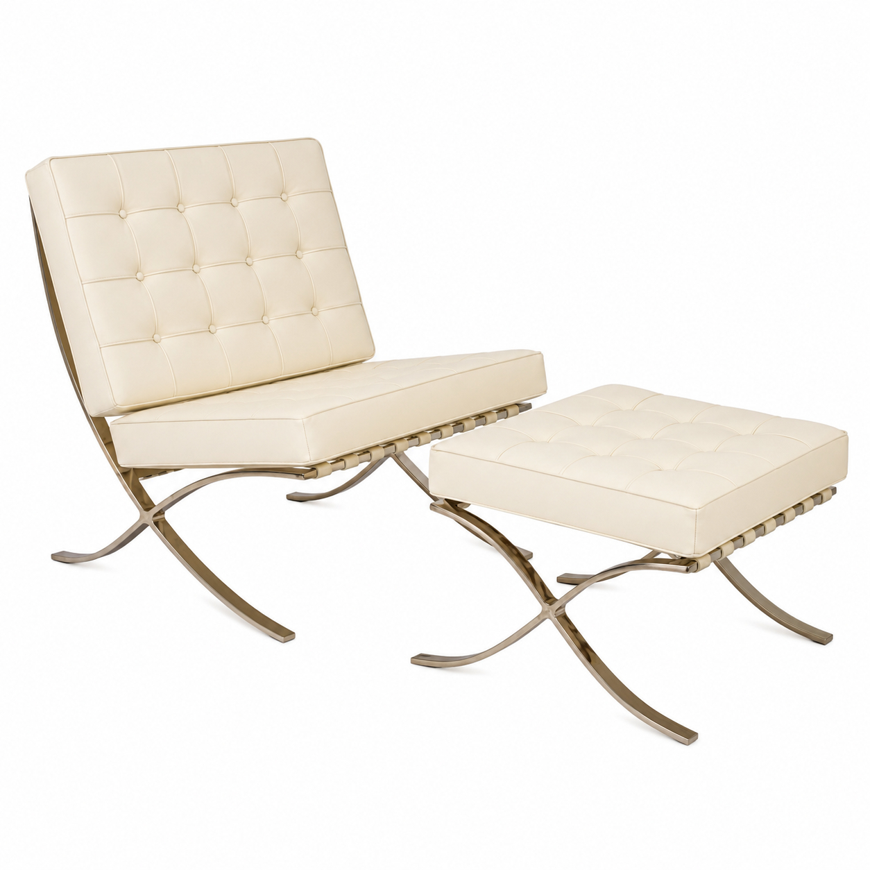 Premium Barcelona Chair Cream Set – Mies Van Der Rohe Replica | Cream Leather Lounge Chair & Ottoman