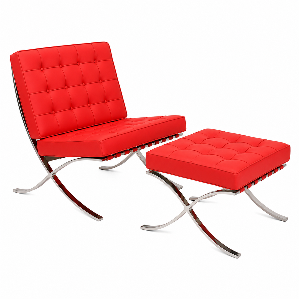 Premium Barcelona Chair and Ottoman Red Set – Mies Van Der Rohe Replica | Red Leather Lounge Chair