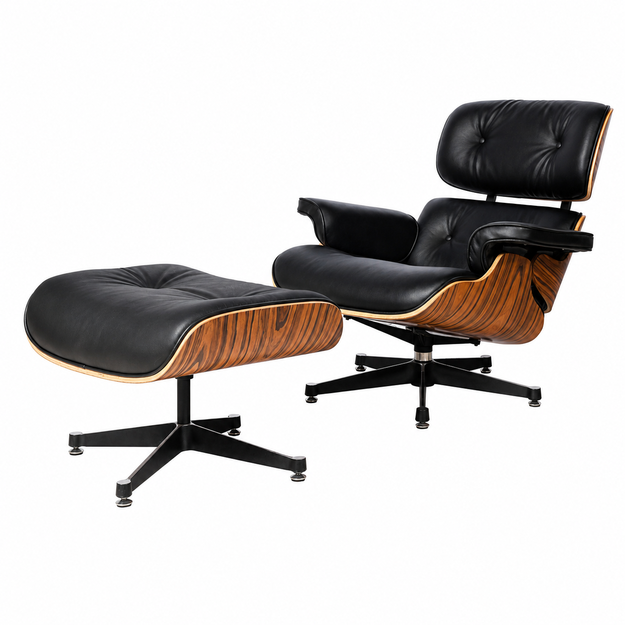 Charles Eames Lounge Chair and Ottoman Replica – Black Leather | Light Rosewood Veneer | Elephant Base