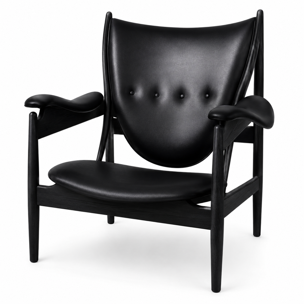 Premium Nordic Solid Wood Lounge Chair – Black Full Leather & Ash Wood | Modern Chieftain Accent Armchair