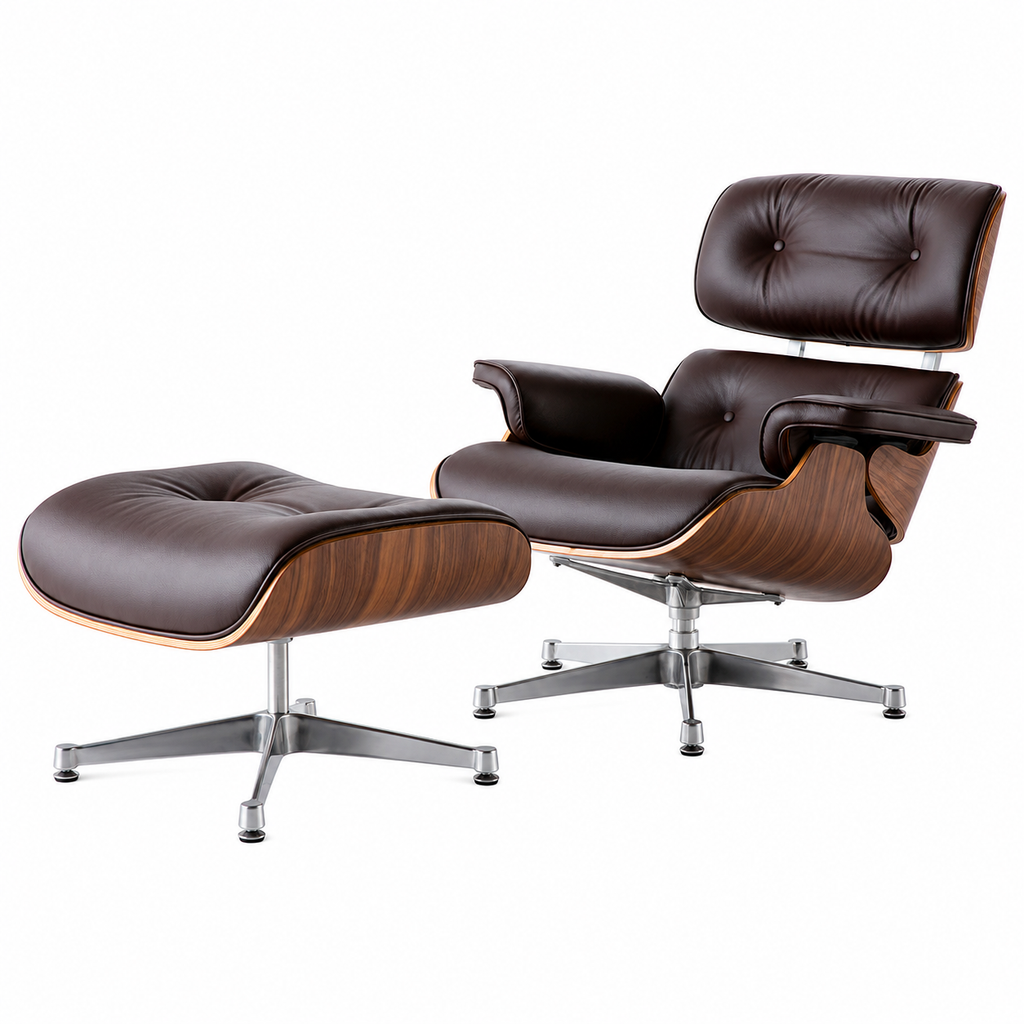 Charles Eames Lounge Chair and Ottoman Replica – Brown Leather & Walnut Wood | Chrome Base Mid-Century Modern Lounge Set