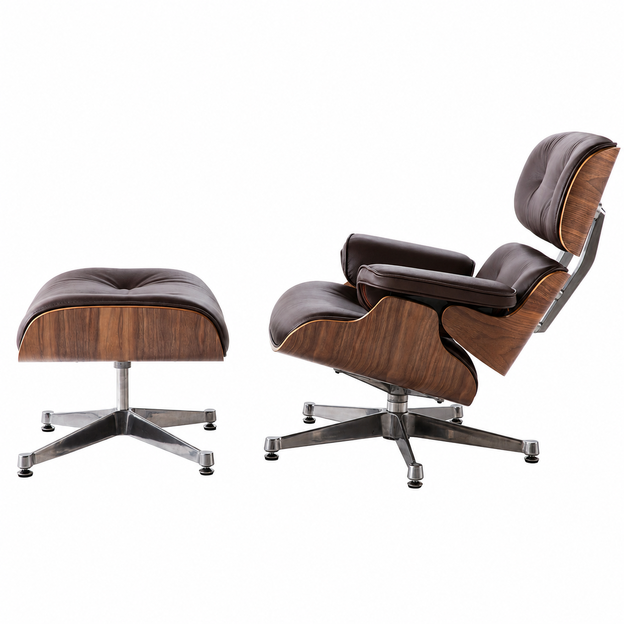 Charles Eames Lounge Chair and Ottoman Replica – Brown Leather & Walnut Wood | Chrome Base Mid-Century Modern Lounge Set