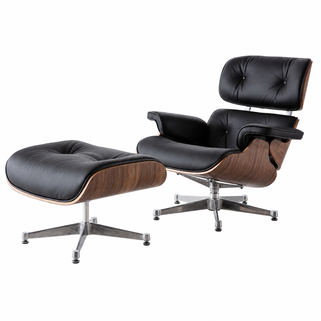 Charles Eames Lounge Chair and Ottoman Replica – Black Leather & Walnut Wood | Chrome Base Mid-Century Modern Lounge Set