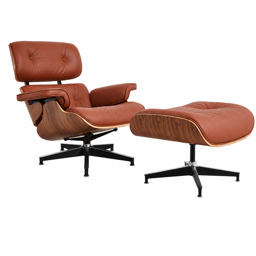 Classic Charles Eames Lounge Chair & Ottoman Replica – Tan Brown Leather & Walnut Wood | Mid-Century Modern Lounge Set