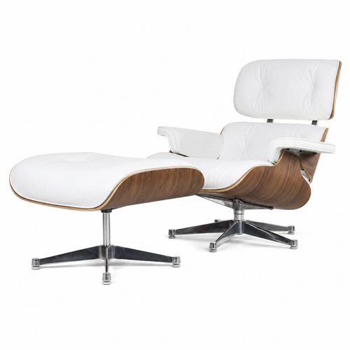 Charles Eames Lounge Chair & Ottoman Replica – White Leather & Walnut Wood | Chrome Base