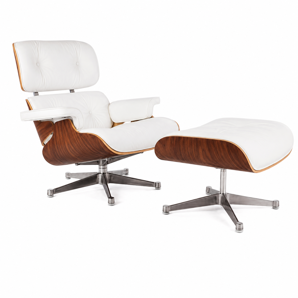Charles Eames Lounge Chair & Ottoman Replica – White Leather & Walnut Wood | Chrome Base