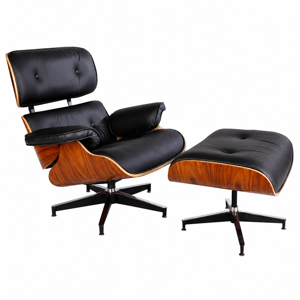 Eames Style Natural Wood Lounge Chair & Ottoman – Black Italian Leather | Rosewood Veneer | Mid-Century Modern