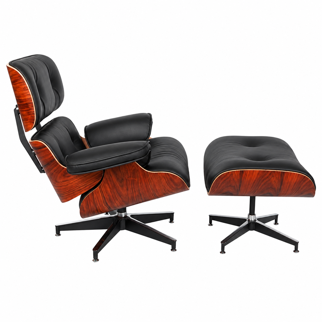 Eames Style Natural Wood Lounge Chair & Ottoman – Black Italian Leather | Rosewood Veneer | Mid-Century Modern