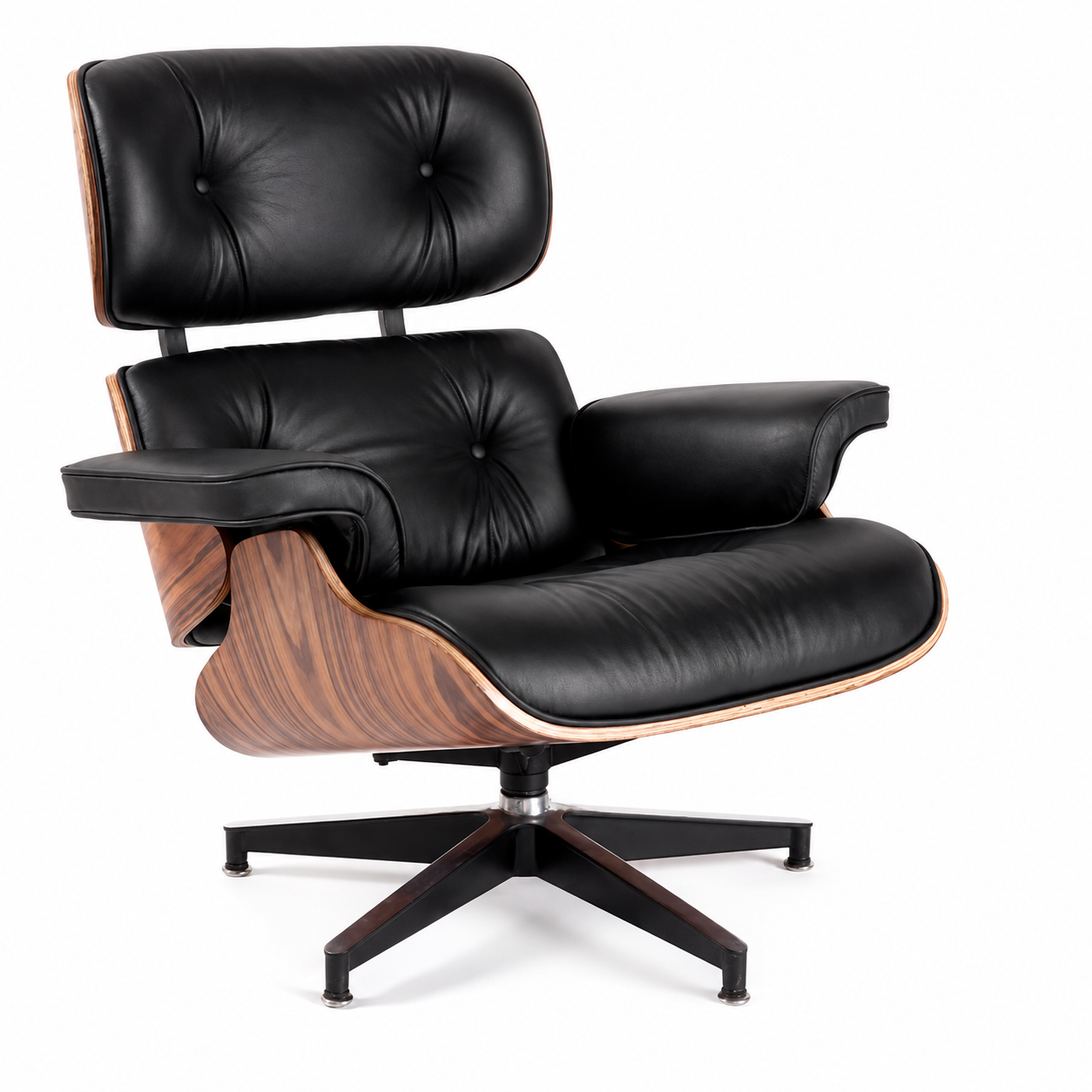 Eames Style Lounge Chair Only – Black Italian Leather | Light Rosewood Veneer | Mid-Century Modern
