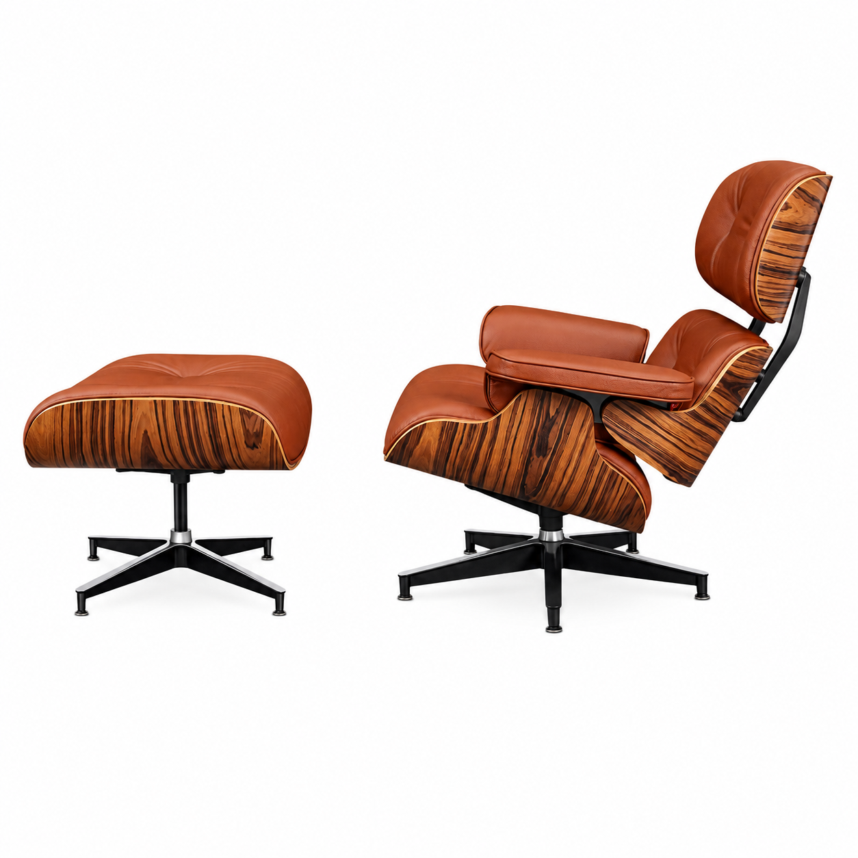 Classic Charles Eames Lounge Chair & Ottoman Replica – Tan Brown Italian Leather | Rosewood Veneer | Normal Base