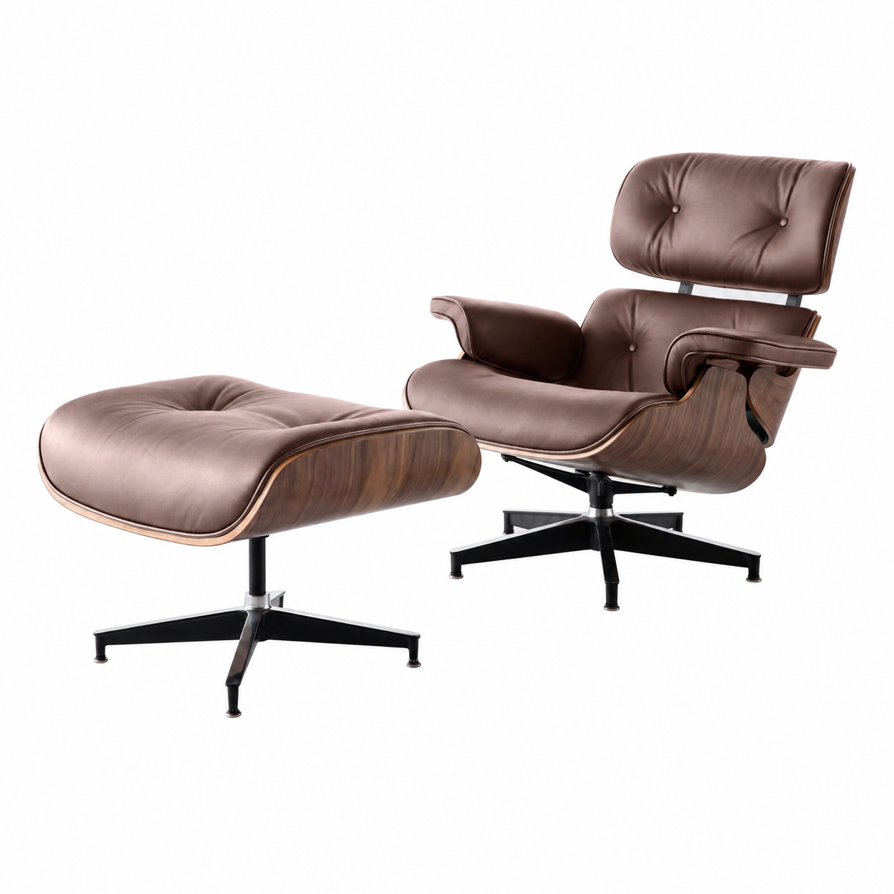 Classic Charles Eames Lounge Chair & Ottoman Replica – Dark Brown Italian Leather | Walnut Veneer | Normal Base