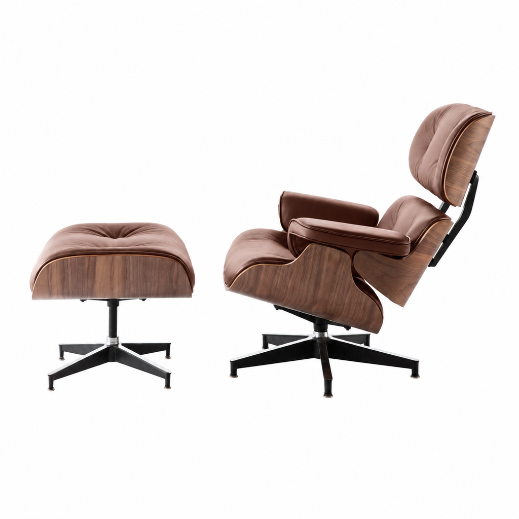 Classic Charles Eames Lounge Chair & Ottoman Replica – Dark Brown Italian Leather | Walnut Veneer | Normal Base