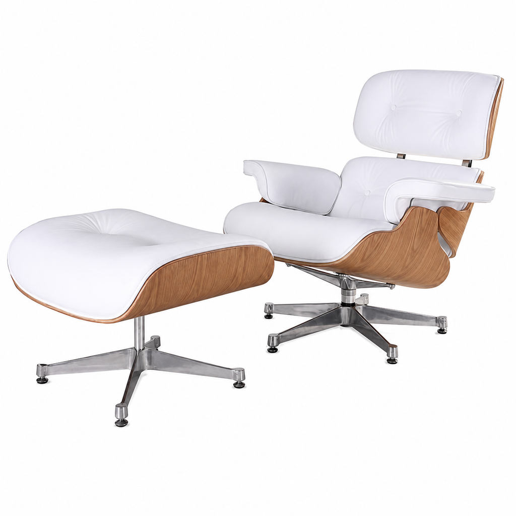Charles Eames Lounge Chair and Ottoman Replica – White Leather | Ash Wood Veneer | Mid-Century Modern Lounge Chair