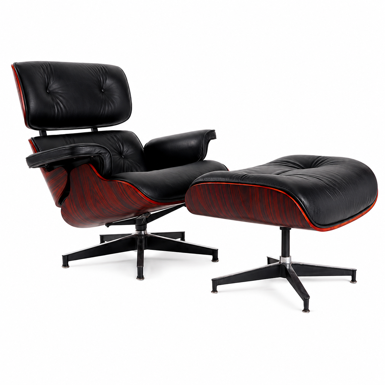 Charles Eames Lounge Chair and Ottoman Replica – Black Leather | Dark Rosewood Veneer | Normal Base