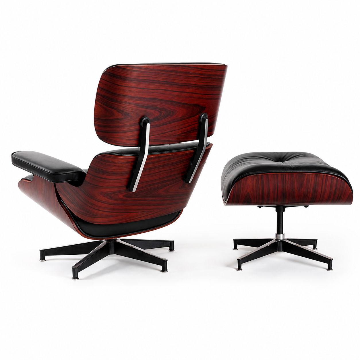 Charles Eames Lounge Chair and Ottoman Replica – Black Leather | Dark Rosewood Veneer | Normal Base