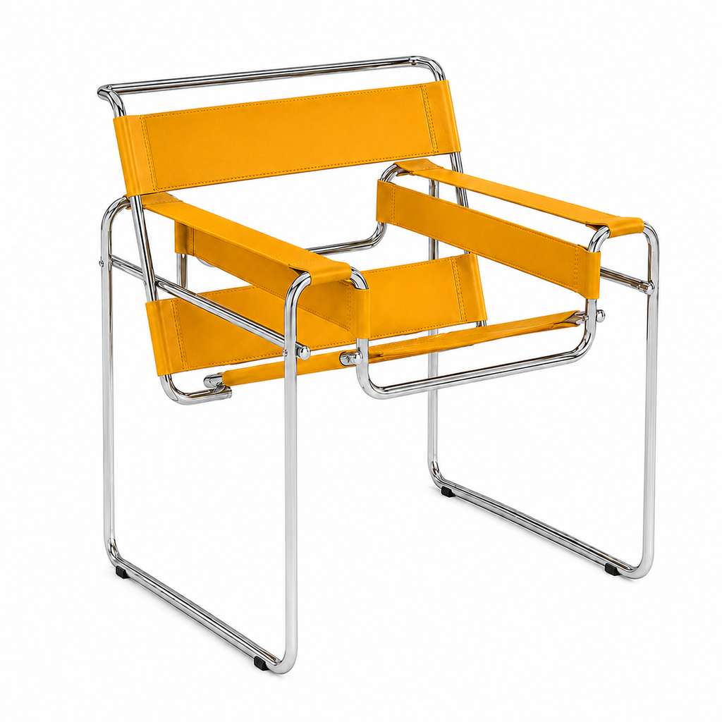 Premium Vassily Style Lounge Chair – Ginger Saddle Leather & Stainless Steel Frame | Bauhaus Armchair